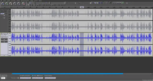 Edycja dźwięku w programie Audacity po polsku: cztery ścieżki audio z falami dźwiękowymi, dwie szare, dwie niebieskie.