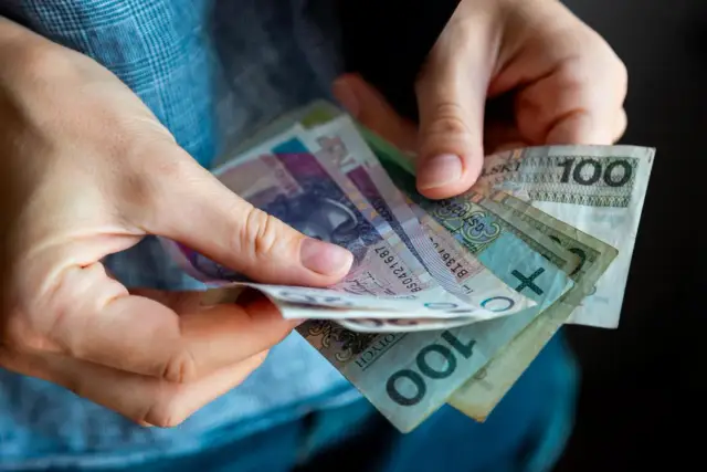 Dłonie trzymające polskie banknoty. Czy to wystarczy na pokrycie minimalnej stawki godzinowej?