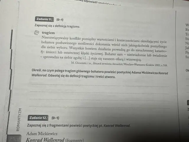Definicja tragizmu i jego przejawy u Konrada Wallenroda, bohatera romantycznego.