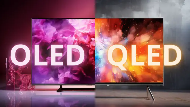 Porównanie telewizorów OLED i QLED: która technologia wybrać? Obraz przedstawia dwa telewizory, jeden z napisem OLED i fioletowymi chmurami, drugi z napisem QLED i kolorowym wybuchem.