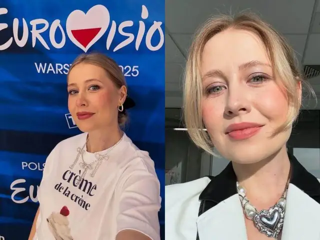 Ola Budka, młoda artystka, prezentuje się w dwóch odsłonach. Na pierwszym zdjęciu w koszulce z napisem "crème de la crème" na tle logo Eurowizji.
