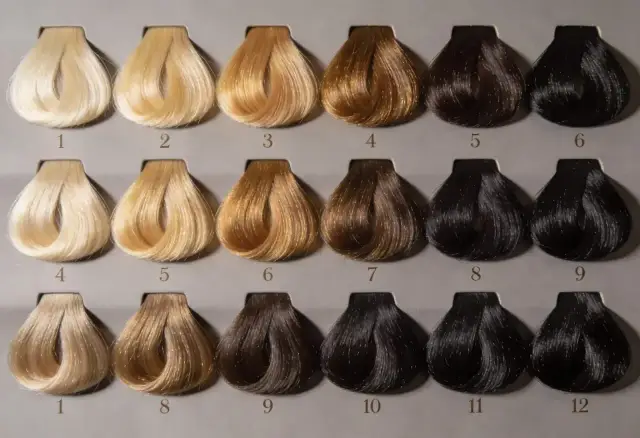 Próbki włosów od jasnego blondu po kruczoczarne. Widać tu różne odcienie i refleksy blond, od platynowego po złocisty.