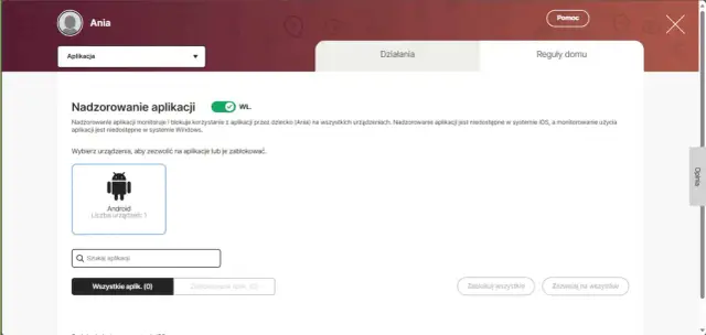 Ekran zarządzania aplikacjami dla dziecka Ani. Można tu kontrolować, jak usunąć konto rodzicielskie i blokować aplikacje na urządzeniach z Androidem.