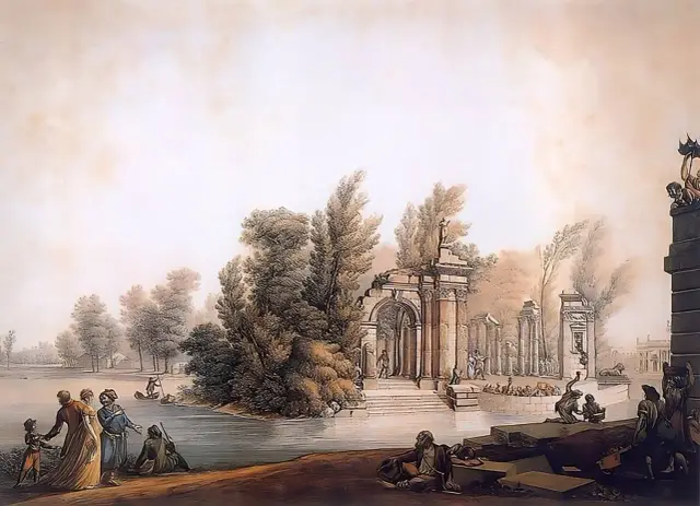 Ruiny budowli z kolumnami i łukami, ludzie w strojach z epoki, łódź na wodzie. Klasycyzm w architekturze i malarstwie.