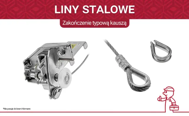Metalowa kausza do lin stalowych, zabezpieczająca pętlę przed przetarciem. Widoczny mechanizm napinający i gotowa pętla z kauszą.
