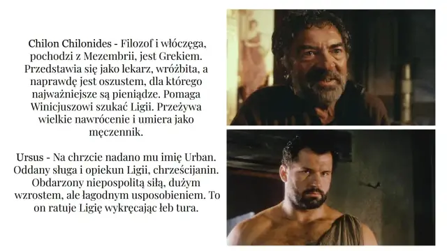 Chilon, oszust z Mezembrii, i Ursus, silny chrześcijanin, to bohaterowie "Quo Vadis".