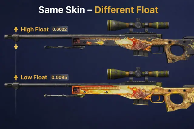 Dwa karabiny AWP z tym samym skinem smoka, ale różnym float cs. Górny ma wysoki float (0.6002), dolny niski (0.0095).