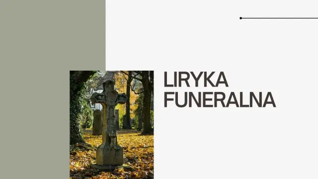 Kamienny krzyż na cmentarzu, otoczony jesiennymi liśćmi. Tytuł "Liryka funeralna" sugeruje utwór liryczny o tematyce żałobnej.