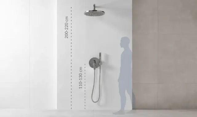 Wysokość baterii prysznicowej: deszczownica 200-220 cm, panel sterujący 110-130 cm. Sylwetka pokazuje idealne dopasowanie.