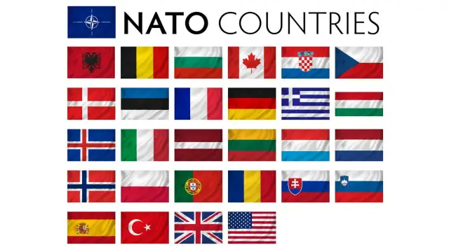 Flagi państw NATO: Albania, Belgia, Bułgaria, Kanada, Chorwacja, Czechy, Dania, Estonia, Francja, Niemcy, Grecja, Węgry, Islandia, Włochy, Łotwa, Litwa, Luksemburg, Holandia, Norwegia, Polska, Portugalia, Rumunia, Słowacja, Słowenia, Hiszpania, Turcja,...