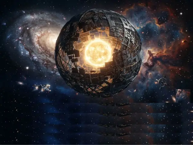 Gigantyczna sfera dysona otacza gwiazdę, a w oddali widać galaktykę i statki kosmiczne.