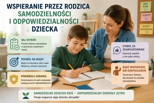 Matka wspiera syna w nauce. Podkreśla się znaczenie samodzielności i odpowiedzialności dziecka, jakby miała starą duszę.