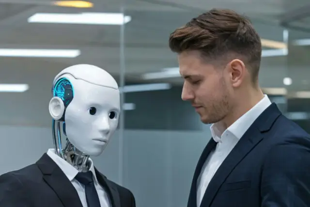 Mężczyzna w garniturze rozmawia z robotem. To obraz przyszłości, gdzie ludzie i sztuczna inteligencja współpracują w zawodach.