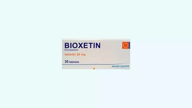 Opakowanie leku BIOXETIN, zawierające 30 tabletek po 20 mg fluoksetyny.