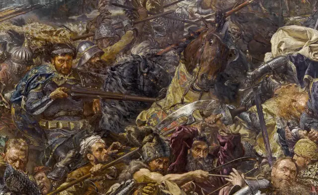 Jan Matejko "Bitwa pod Grunwaldem" - zgiełk i chaos bitwy, rycerze w zbrojach, konie, broń.