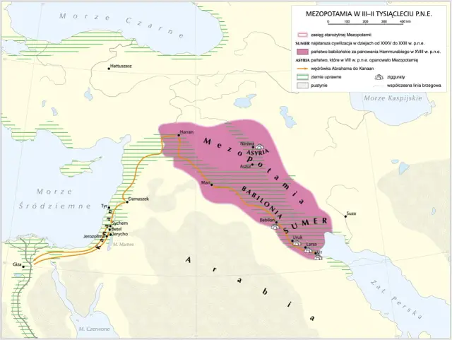 Mapa Mezopotamii, ukazująca zasięg Sumerów, państw babilońskiego i asyryjskiego, oraz wędrówkę Abrahama.