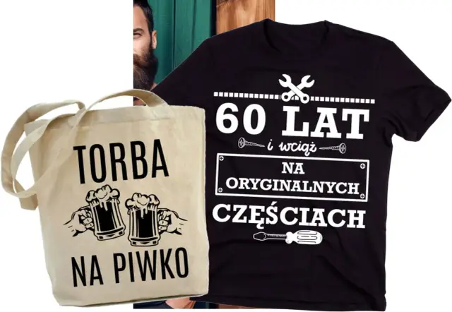 Idealny prezent na 60 urodziny dla faceta: torba na piwo i koszulka "60 lat i wciąż na oryginalnych częściach".
