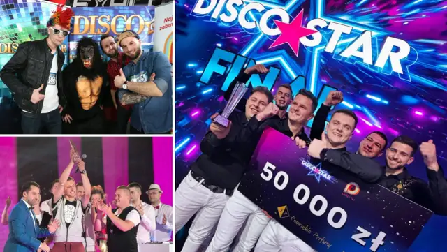 Uczestnicy i zwycięzcy finału Disco Star z nagrodami i czekiem na 50 000 zł.