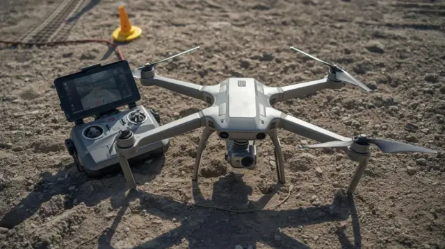 Szary dron i jego kontroler leżą na ziemi, gotowe do precyzyjnych **pomiarów dronem**. Na ekranie kontrolera widać mapę.