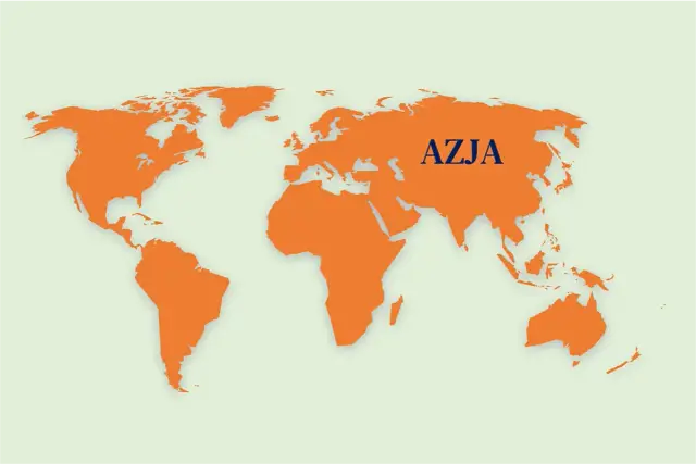 Mapa świata z zaznaczoną Azją. Słowo "AZJA" widnieje na kontynencie, sugerując jego znaczenie jako stolicy Azji.