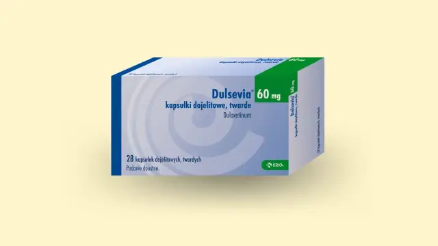 Opakowanie leku Dulsevia 60 mg, zawierające 28 kapsułek dojelitowych twardych. Stosowany w leczeniu depresji i innych schorzeń.