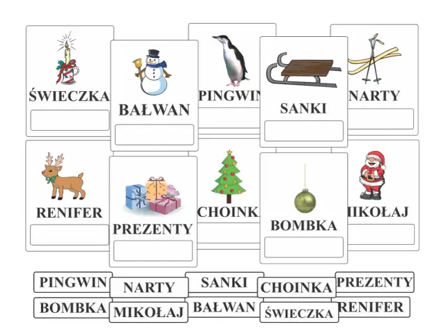 Karty do nauki czytania globalnego: świeczka, bałwan, pingwin, sanki, narty, renifer, prezenty, choinka, bombka, Mikołaj.