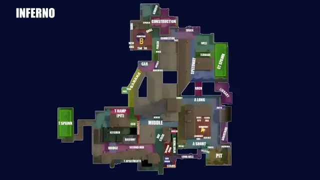 Mapa taktyczna Inferno z CS. Widoczne punkty strategiczne: B, A Long, A Short, Middle, T Spawn, CT Spawn.