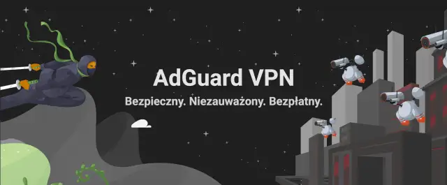 Ninja z mieczami unika kamer, symbolizując bezpieczeństwo i anonimowość z AdGuard VPN.