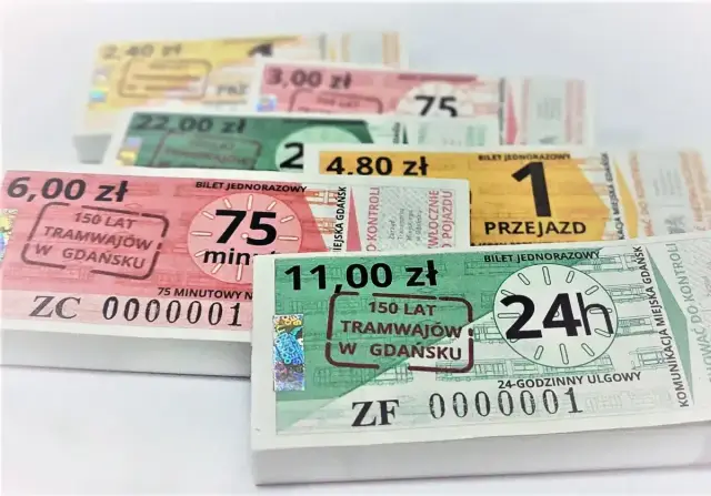 Bilety za złotówkę i więcej, na tramwaje w Gdańsku. Różne ceny i okresy ważności, od 75 minut do 24h.