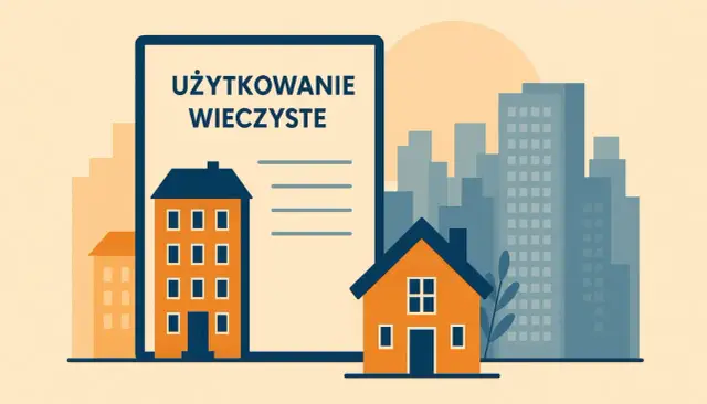 Dokument "Użytkowanie wieczyste" obok domów i wieżowców symbolizuje przekształcenie użytkowania wieczystego we własność.