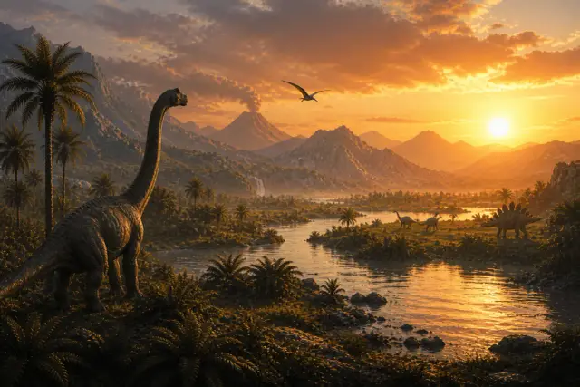 Dinozaury roślinożerne pasące się nad rzeką o zachodzie słońca. W tle góry i wulkan.