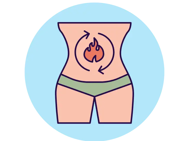 Ilustracja przedstawia sylwetkę człowieka z zaznaczonym brzuchem, w którym widnieje płomień i strzałki symbolizujące procesy metaboliczne, w tym katabolizm.