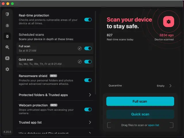 Interfejs programu antywirusowego z opcjami skanowania: pełne, szybkie, ochrona przed ransomware. Ostatnie skanowanie 383 dni temu.
