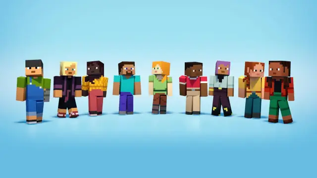 Grupa postaci z gry Minecraft, w tym Alex, Steve i inni, stoją w rzędzie na niebieskim tle.