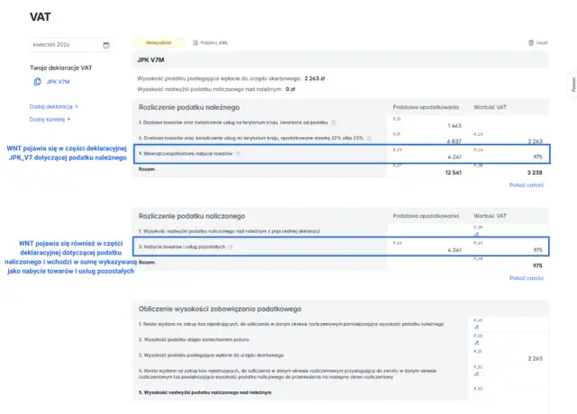 Deklaracja JPK_V7M: wewnątrzwspólnotowe nabycie towarów (9. poz.) wykazane jako nabycie towarów i usług pozostałych (3. poz.) w rozliczeniu podatku naliczonego.