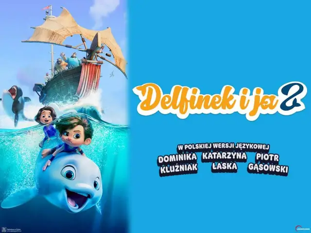 Delfinek i ja 2 - nowe bajki 2026! Dzieci pływają na delfinie, a na statku wesoła załoga.