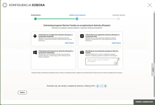 Konfiguracja Norton Family dla dziecka. Wybierz, jak zainstalować program na urządzeniu dziecka, aby móc zarządzać jego aktywnością online.