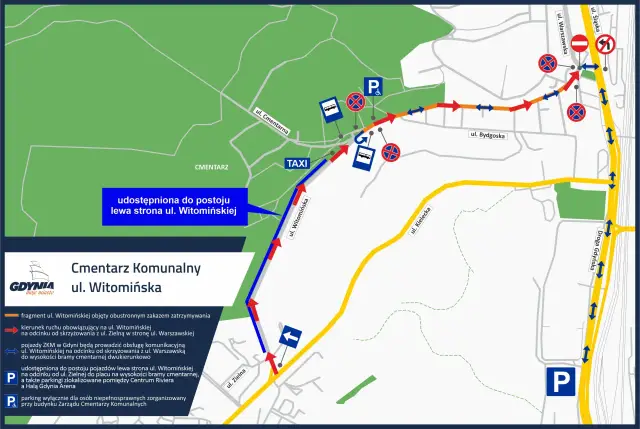 Mapa Gdyni: gdyński cmentarz komunalny w Kosakowie przy ul. Witomińskiej. Wskazówki dojazdu, parkingi i objazdy.