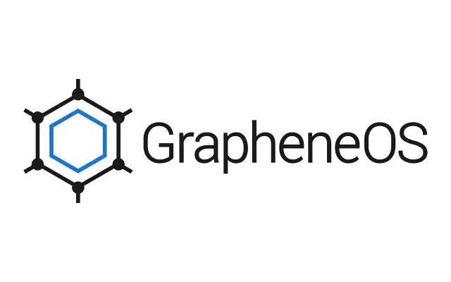 Logo GrapheneOS: sześciokąt z czarnymi kropkami i niebieskim obramowaniem, obok napis GrapheneOS.