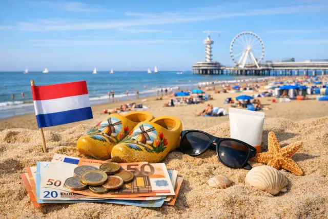 Holenderska flaga, drewniaki, euro i okulary przeciwsłoneczne na plaży. Zastanawiasz się, ile kosztuje paszport w Holandii?