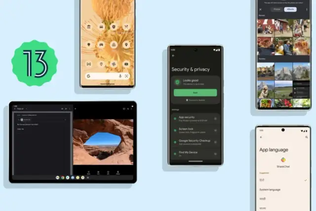 Logo android 13 i ekrany smartfonów i tabletu z funkcjami bezpieczeństwa, prywatności i języka.