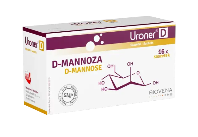Opakowanie Uroner D z D-mannozą, zawiera 16 saszetek. Widoczny wzór chemiczny D-mannozy.