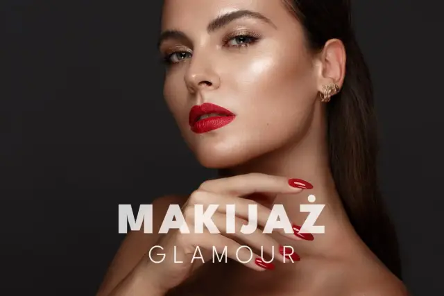 Kobieta z idealnym makijażem glamour: czerwone usta, złote cienie do powiek, perfekcyjne paznokcie.