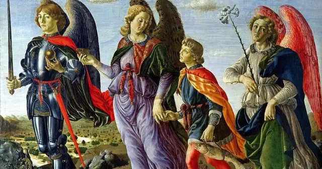 Archanioł Michał w zbroi, obok aniołów i chłopca z rybą, prowadzi ich przez krajobraz.
