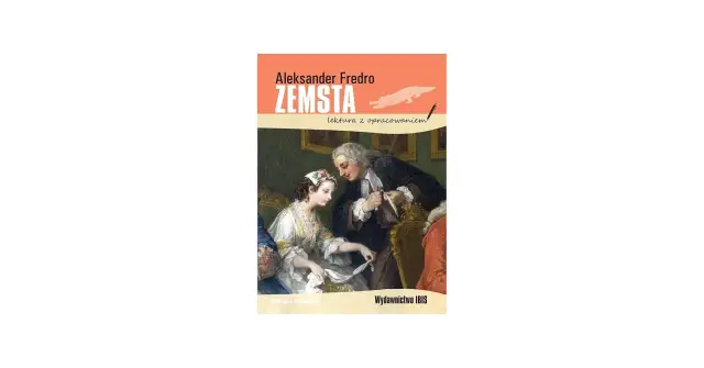 Okładka książki "Zemsta" Aleksandra Fredry, klasyka polskiej literatury i sztuki. Obraz przedstawia scenę z epoki.