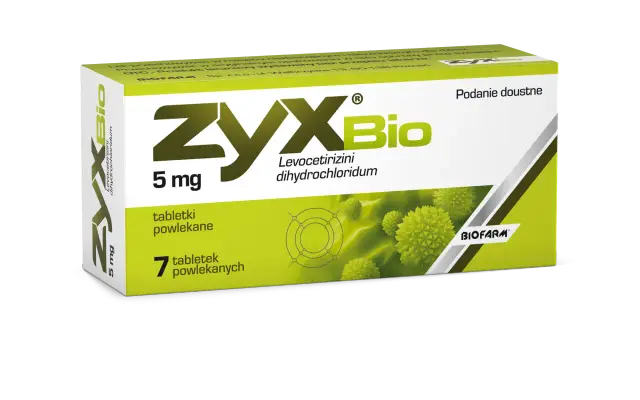 Opakowanie leku ZYXBio 5 mg, zamiennik na alergię, zawiera 7 tabletek powlekanych.
