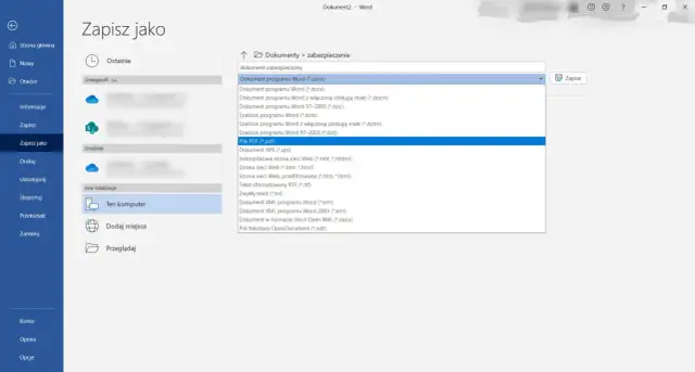 Wybieranie opcji "Plik PDF (*.pdf)" w menu "Zapisz jako" w programie Word. To pierwszy krok do szyfrowania PDF.