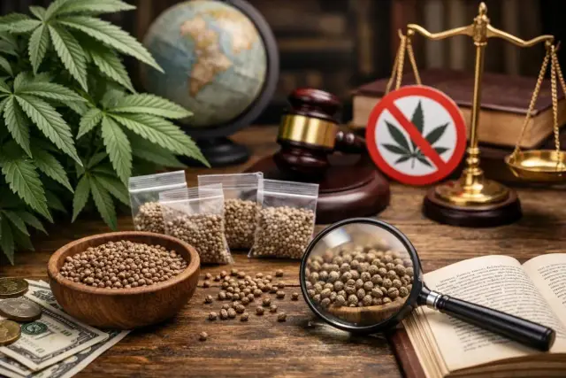 Nasiona marihuany, młotek sędziowski, waga sprawiedliwości i globus symbolizują debatę o legalizacji marihuany.