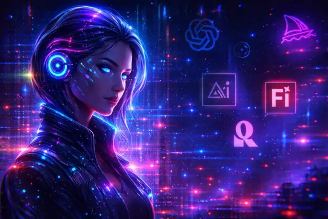 Cyberpunkowa kobieta z neonowymi słuchawkami, otoczona symbolami technologii i ikonami narzędzi do generowania obrazów.