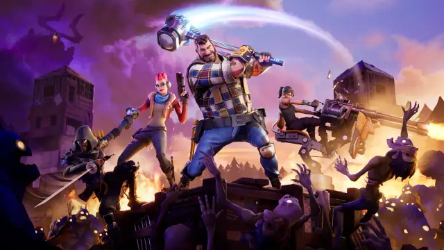 Postacie z Fortnite walczą z potworami. W tle widać płonące budynki i niebo, sugerujące nową **fortnite aktualizację**.